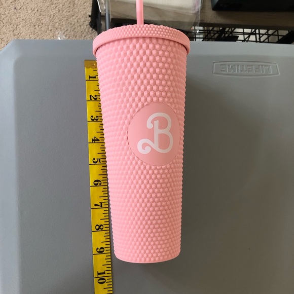 Barbie Core Peach Color Studded Tumbler B Letter Straw Cup & Lid Plastic Tumbler - Picture 3 of 8